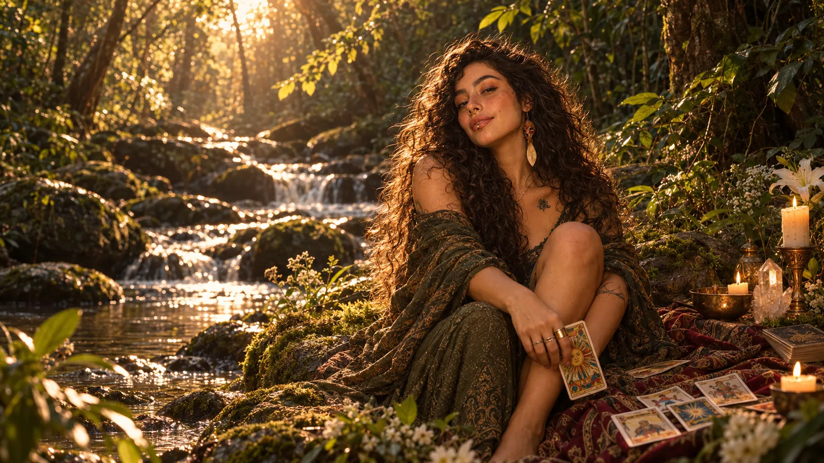 Mirella na floresta, sentada junto ao rio com uma carta na mão